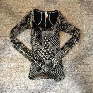 Free People Black Tribal Print Waffle Tee